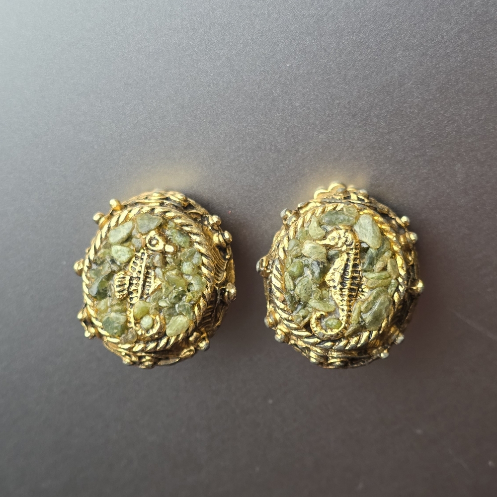 Gold-Tone Green Sequin Seahorse Clip Earrings